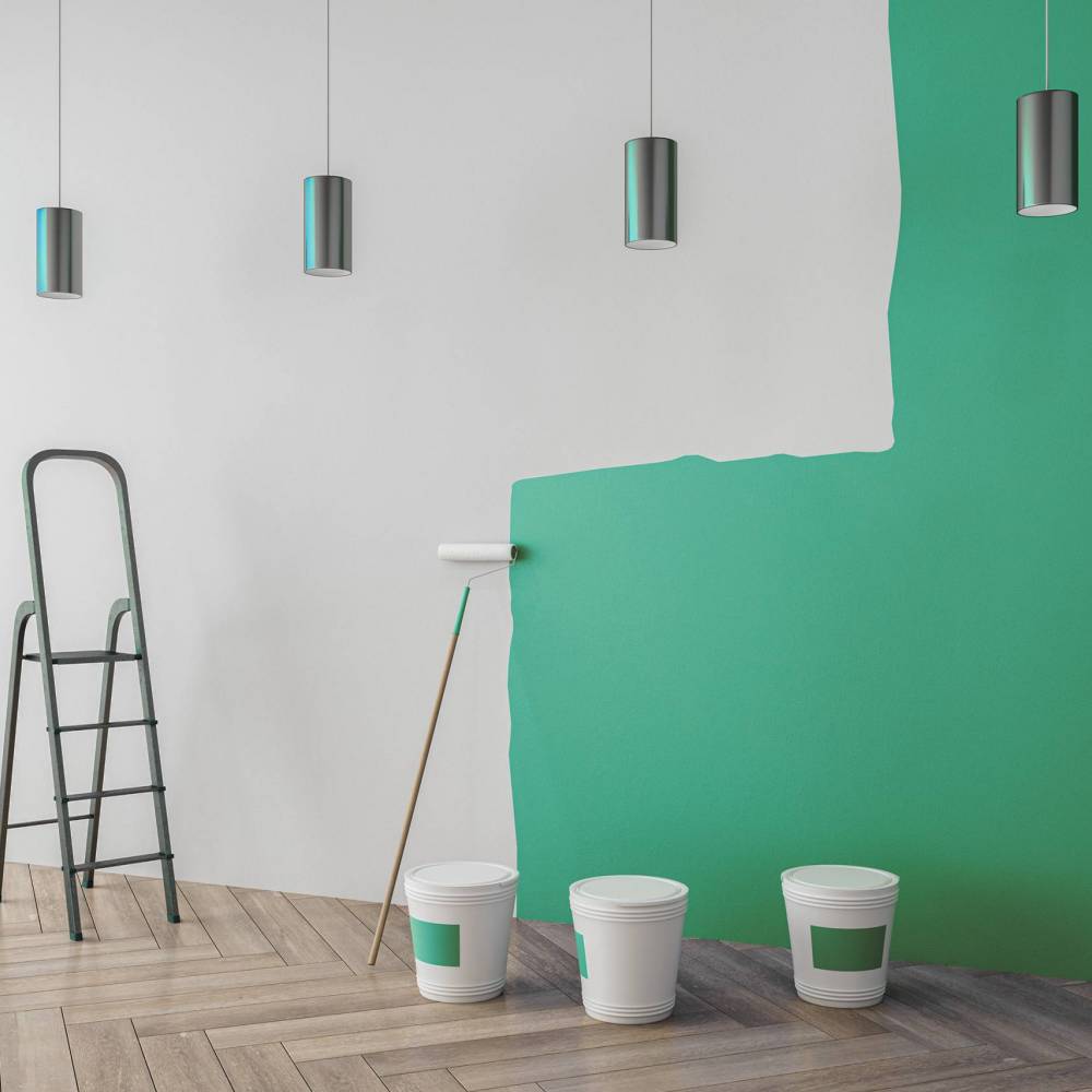 contemporary-interior-with-blue-paint-concrete-wall-painting-tools-ladder-lamps-wooden-flooring-repairs-concept-3d-rendering contemporary-interior-with-blue-paint-concrete-wall-painting-tools-ladder-lamps-wooden-flooring-repairs-concept-3d-rendering